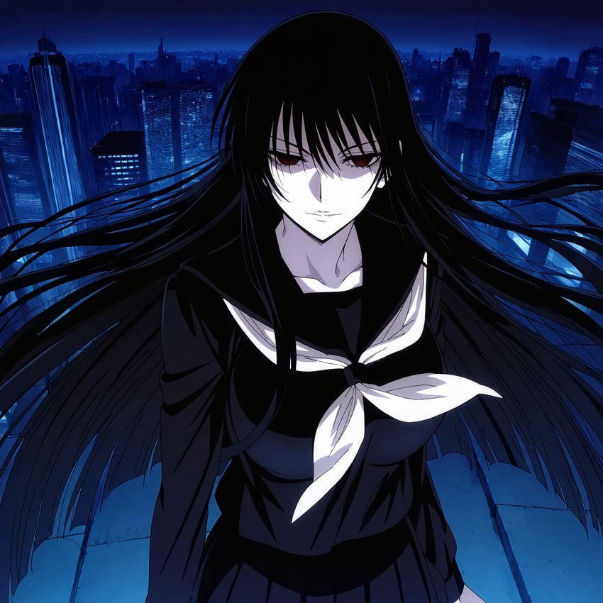 1girl, bangs, black_hair, black_skirt, breasts, building, collarbone, hagoromo_gitsune, highres, iam_ai, long_hair, model_request, neckerchief, nurarihyon_no_mago, pleated_skirt, school_uniform, skirt, solo, uniform, white_neckerchief