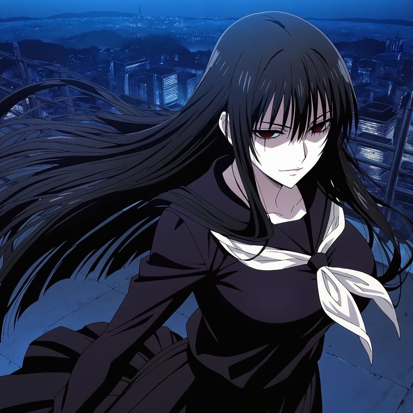 1girl, bangs, black_hair, black_skirt, breasts, building, collarbone, hagoromo_gitsune