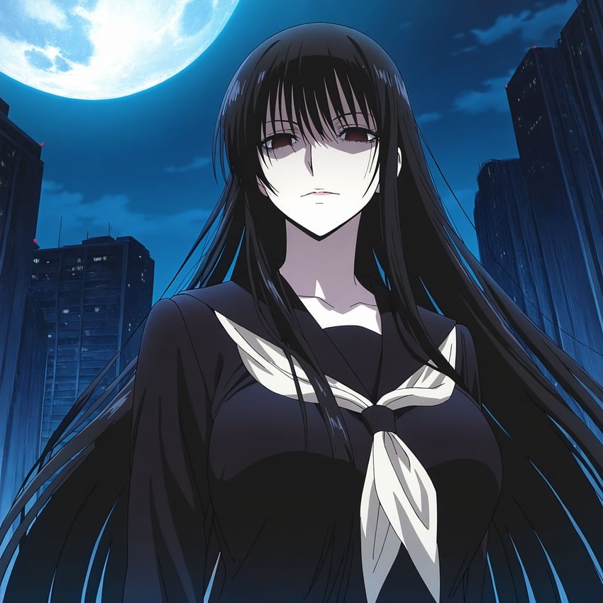 1girl, bangs, black_hair, breasts, building, collarbone, hagoromo_gitsune, highres