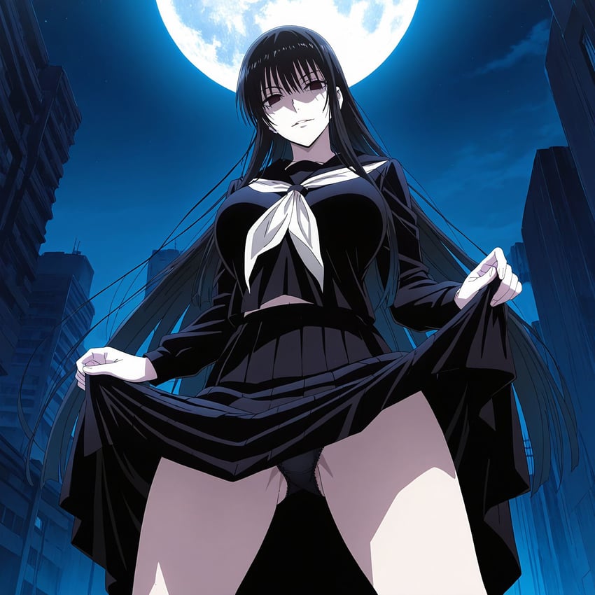 1girl, bangs, black_hair, black_panties, black_skirt, breasts, building, clothes_lift