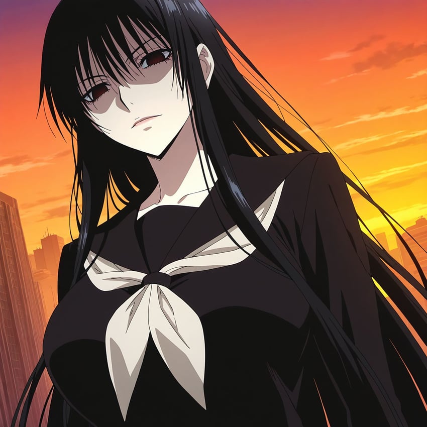 1girl, bangs, black_hair, breasts, building, collarbone, empty_eyes, hagoromo_gitsune, highres, iam_ai, long_hair, model_request, neckerchief, nurarihyon_no_mago, school_uniform, solo, uniform, white_neckerchief