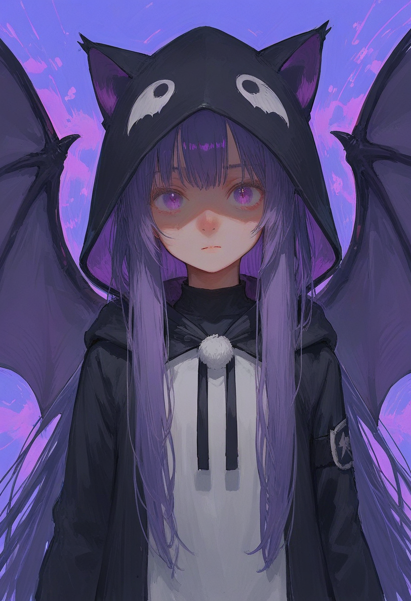 1girl, animal_ears, animal_hood, arms_at_sides, bangs, bat_ears, bat_wings, black_hood, black_hoodie, closed_mouth, drawstring, exlight, fake_animal_ears, flat_chest, hair_over_shoulder, hood, hoodie, long_hair, long_sidelocks, long_sleeves, looking_at_viewer, lora, non-web_source, original, pom_pom_(clothes), purple_background, purple_eyes, purple_hair, purple_theme, self-upload, shade, shaded_face, sidelocks, solo, straight-on, t-ponynaiv3, upper_body, wings
