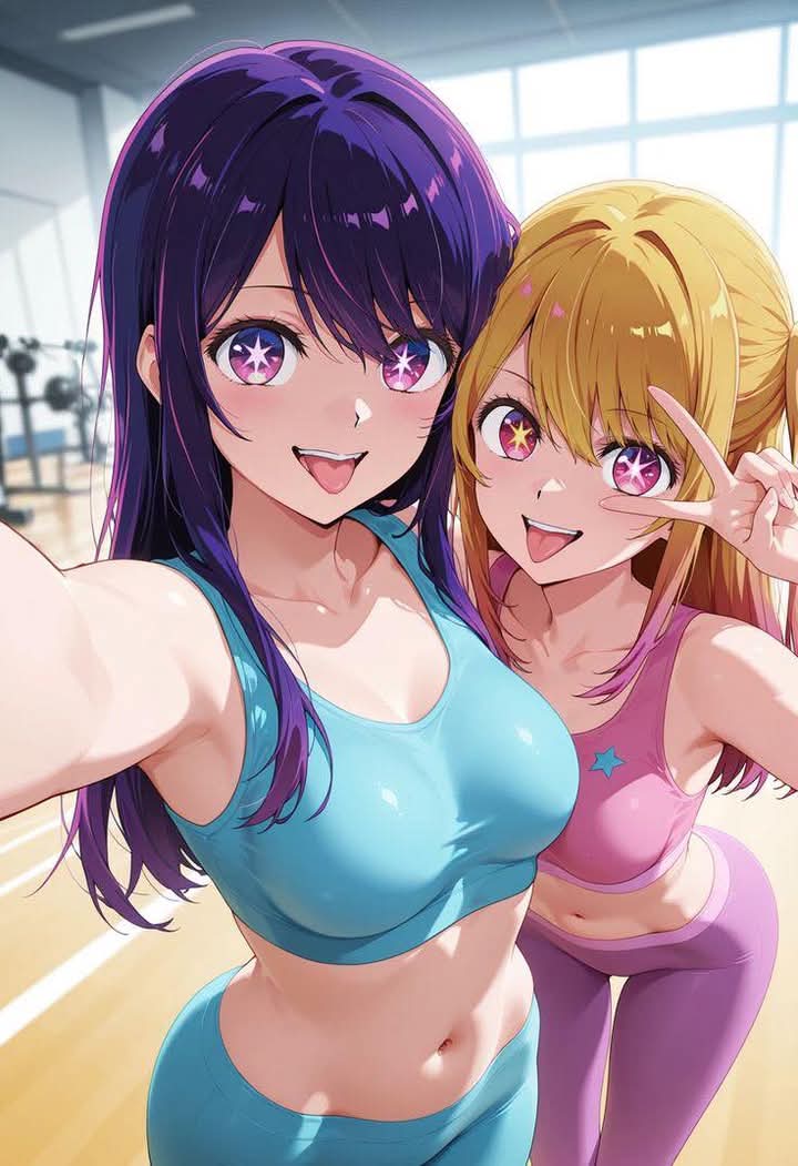 2girls, artist_request, bangs, blonde_hair, blue_pants, blue_sports_bra, breasts, collarbone