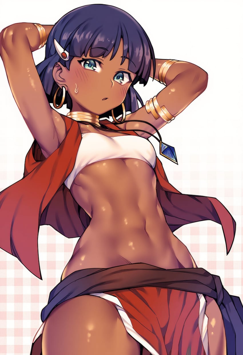 1girl, absurdres, armlet, armpits, arms_behind_head, arms_up, bandeau, blush