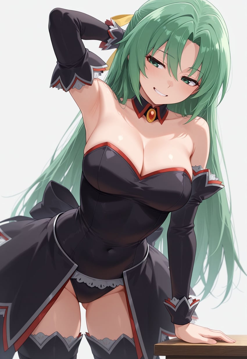 1girl, angel_mort, arm_behind_head, arm_up, armpits, ass_visible_through_thighs, bangs, bare_shoulders