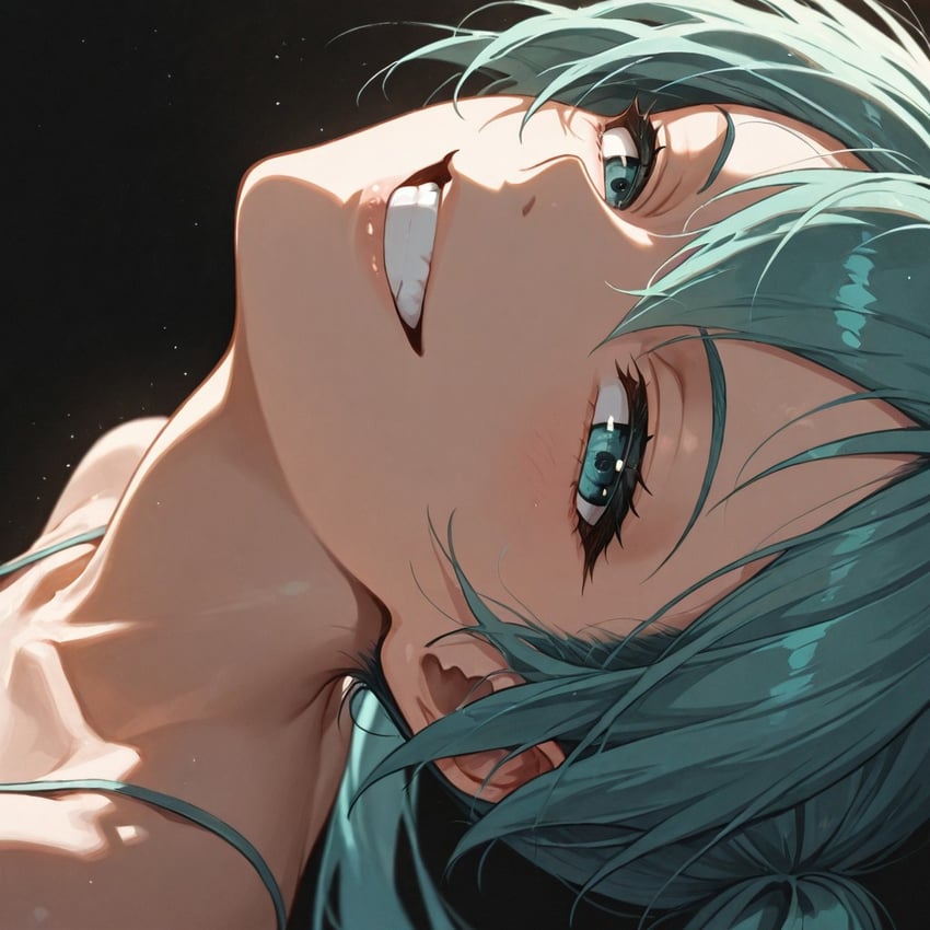 1girl, album_cover, aqua_camisole, aqua_eyes, aqua_hair, ballads_1_(album), black_background, blue_eyes, blue_hair, camisole, collarbone, cover, grin, hair_between_eyes, hatsune_miku, illustrious-xl, joji_miller, leaning_back, long_hair, pablo.gonzales.2007, parody, prefect_illustrious_xl, self-upload, simple_background, smile, smug, solo, teeth, twintails, vocaloid