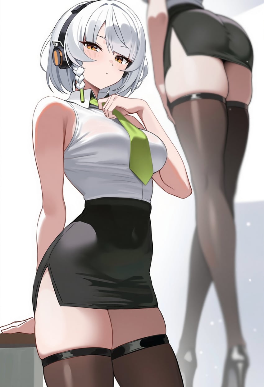 1girl, aiart_fring, anby_demara, ass, bare_shoulders, black_skirt, blurry, blush