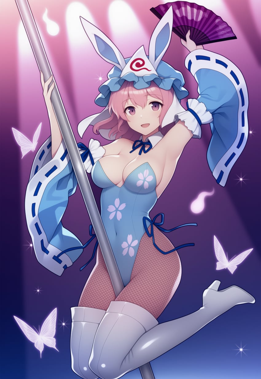 1girl, adapted_costume, animal_ears, arm_up, blue_headwear, blue_leotard, blue_ribbon, blue_sleeves, boots, breasts, bug, butterfly, cleavage, covered_navel, detached_collar, detached_sleeves, fake_animal_ears, first-party_edit, fishnet_pantyhose, fishnets, floral_print, frills, glowing_butterfly, gradient, gradient_background, hand_fan, hat, hat_with_ears, high_heel_boots, high_heels, highleg, highleg_leotard, highres, hitodama, holding, holding_fan, holding_pole, inpainted, kether, large_breasts, leotard, looking_at_viewer, mob_cap, neck_ribbon, non-web_source, novelai, open_mouth, pantyhose, pink_hair, playboy_bunny, pole, print_leotard, purple_butterfly, rabbit_ears, resized, ribbon, ribbon-trimmed_sleeves, ribbon_trim, saigyouji_yuyuko, saigyouji_yuyuko's_fan_design, self-upload, short_hair, side-tie_leotard, smile, solo, sparkle, stage, stage_lights, stripper_pole, thigh_boots, touhou, triangular_headpiece, upscaled, veil, white_footwear, white_veil