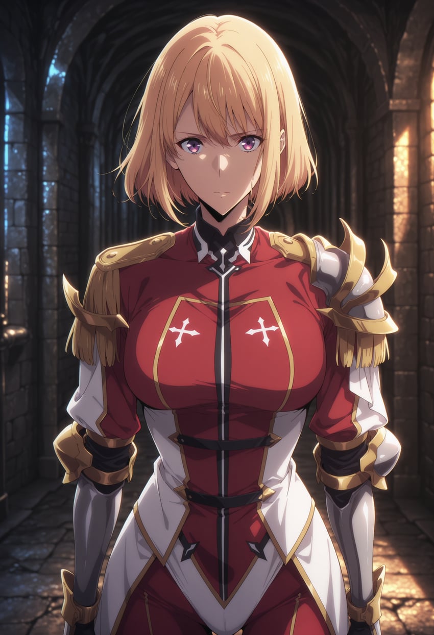 1girl, absurdres, armor, bangs, blonde_hair, bob_cut, booby5291, breasts