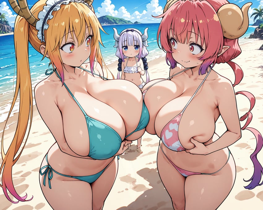 3girls, alternate_breast_size_(larger), asanajm, asymmetrical_docking, bangs, beach, beads, bikini, blonde_hair, blue_bikini, blue_eyes, blue_sky, blunt_bangs, blush, breast_envy, breast_hold, breast_press, breasts, cleavage, closed_mouth, cloud, collarbone, curious, day, dragon_girl, dragon_horns, flat_chest, frills, gradient_hair, hair_beads, hair_ornament, hairband, halterneck, heart, highres, horns, huge_breasts, ilulu_(maidragon), kanna_kamui, kobayashi-san_chi_no_maidragon, large_breasts, long_hair, looking_at_another, low_twintails, maid_headdress, multicolored_hair, multiple_girls, navel, non-web_source, ocean, oppai_loli, orange_eyes, outdoors, pink_bikini, pink_hair, pointy_ears, purple_hair, red_eyes, red_hair, sand, self-upload, shadow, shortstack, side-tie_bikini_bottom, skindentation, sky, slit_pupils, smile, standing, swimsuit, tohru_(maidragon), tree, twintails, wai-illustrious-sdxl, water