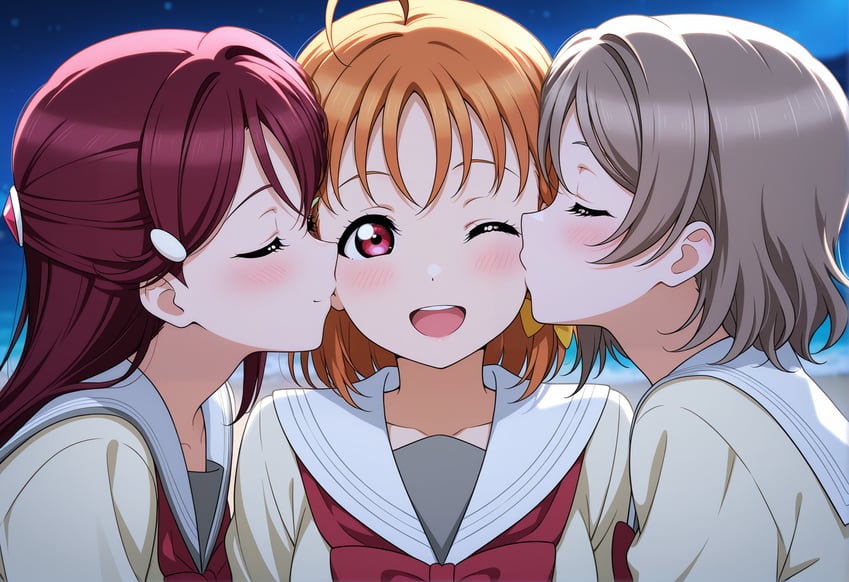 3girls, ;d, adetailer, ahoge, bangs, blush, bow, closed_eyes