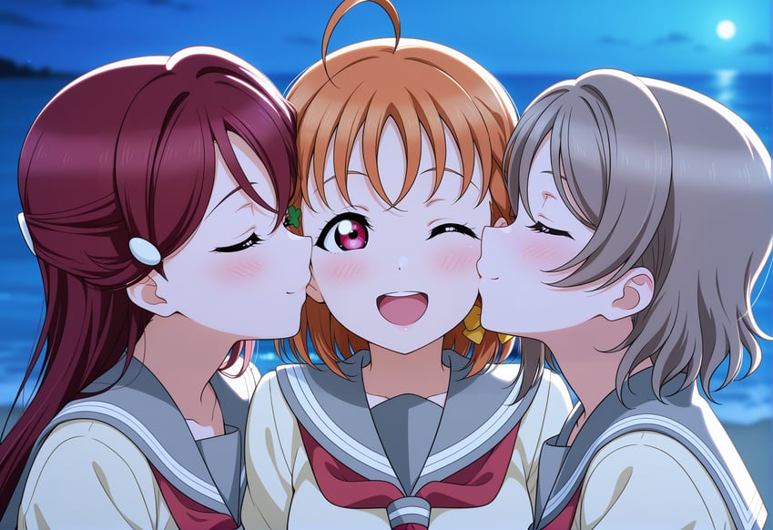 3girls, ;d, adetailer, ahoge, bangs, beach, blush, bow