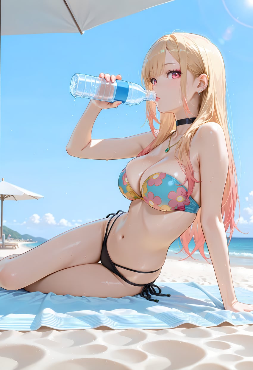 1girl, bangs, beach, beach_chair, beach_towel, beach_umbrella, bikini, black_choker