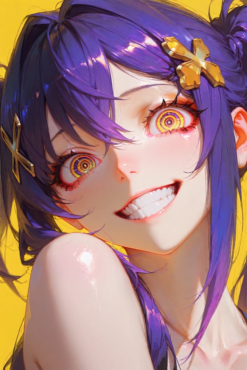 1girl, bangs, bare_shoulders, blush, crossed_bangs, hair_between_eyes, hair_ornament, long_hair