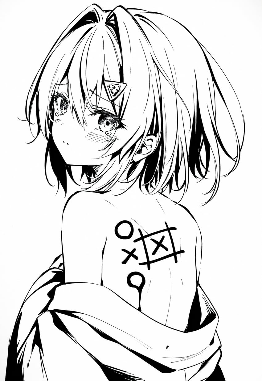 1girl, ange_katrina, bangs, bare_shoulders, blush, closed_mouth, eyebrows_visible_through_hair, greyscale