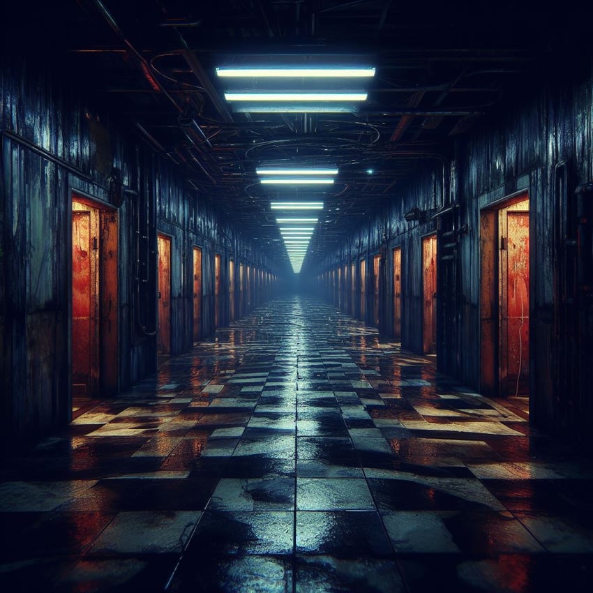 ceiling_light, dall-e, dirty, door, hallway, indoors, industrial, industrial_pipe