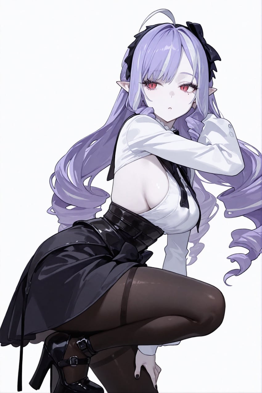 1girl, ahoge, black_bow, black_footwear, black_hairband, black_nails, black_skirt, bow