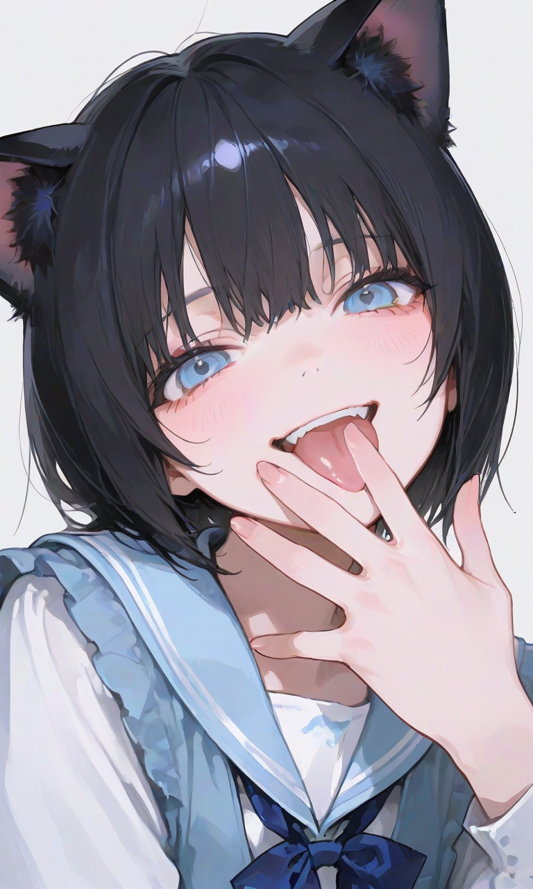 1girl, animal_ear_fluff, animal_ears, black_hair, blue_bow, blue_eyes, blue_sailor_collar, bow