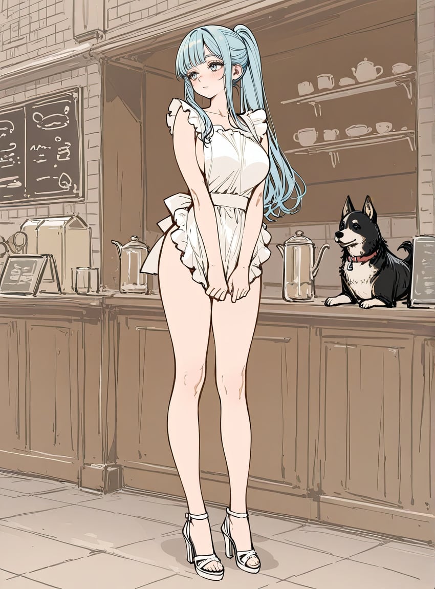 1girl, animal, apron, bare_arms, bare_shoulders, blue_eyes, blue_hair, blush