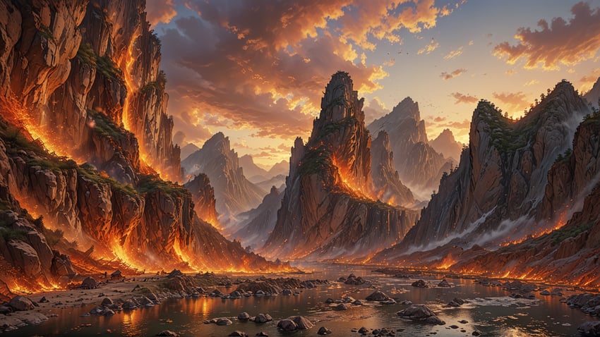 burning, canyon, cliff, cloud, day, embers, fire, forrealxl, highres, landscape, lora, mdy_mmooncake, nature, no_humans, original, outdoors, plant, reflection, reflective_water, river, rock, scenery, water