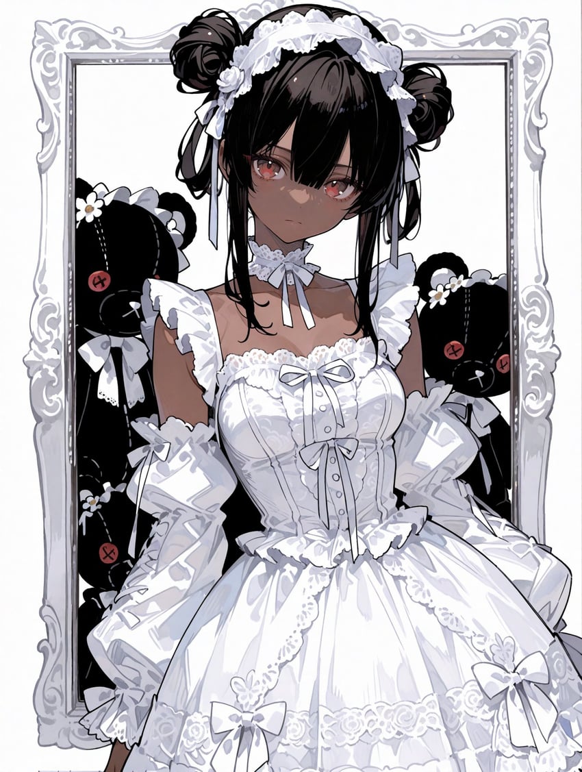 1girl, bangs, black_hair, bow, breasts, brown_eyes, choker, closed_mouth, collarbone, dark-skinned_female, dark_skin, detached_sleeves, double_bun, dress, expressionless, flower, frilled_choker, frilled_dress, frills, hair_between_eyes, hair_bun, hair_flower, hair_ornament, highres, inuyama_inuo, lolita_fashion, looking_at_viewer, medium_breasts, model_request, original, picture_frame, ribbon, ribbon_choker, sidelocks, solo, stuffed_animal, stuffed_toy, teddy_bear, white_background, white_bow, white_flower, white_ribbon, white_theme