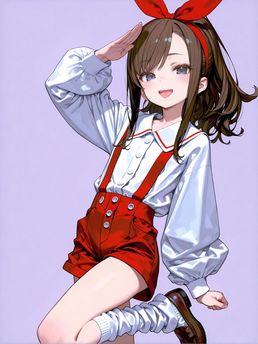 1girl, bangs, blue_eyes, bow, bow_hairband, brown_footwear, brown_hair, hair_over_shoulder