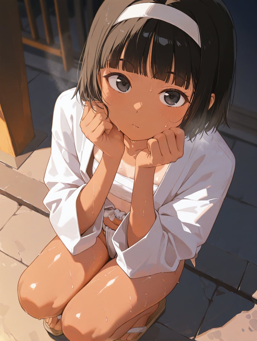 1girl, bangs, benjamin_kao, black_eyes, blunt_bangs, brown_hair, chest_sarashi, dark-skinned_female