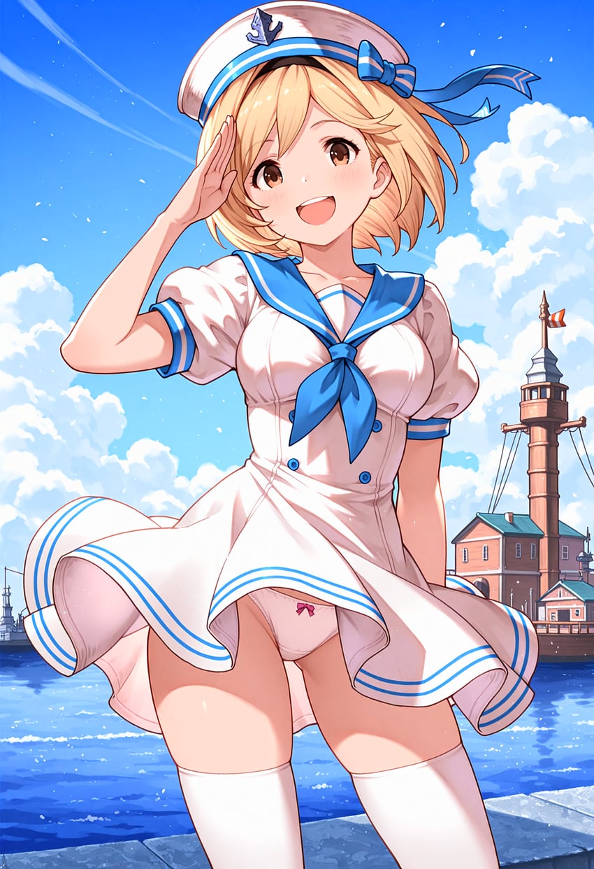1girl, absurdres, blonde_hair, blue_sailor_collar, blue_sky, bow, bow_panties, breasts