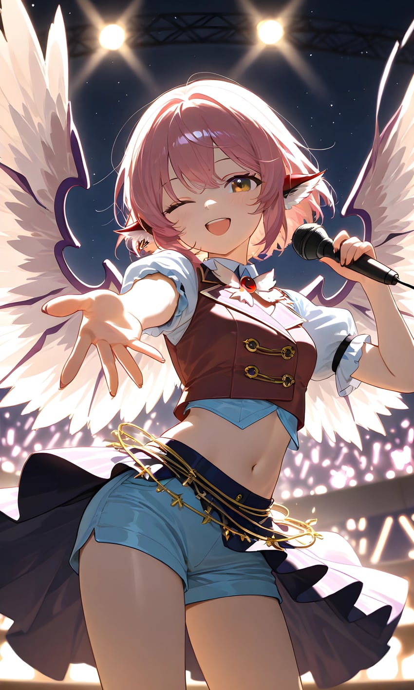 1girl, :d, absurdres, adapted_costume, animal_ears, bird_ears, breasts, brown_eyes