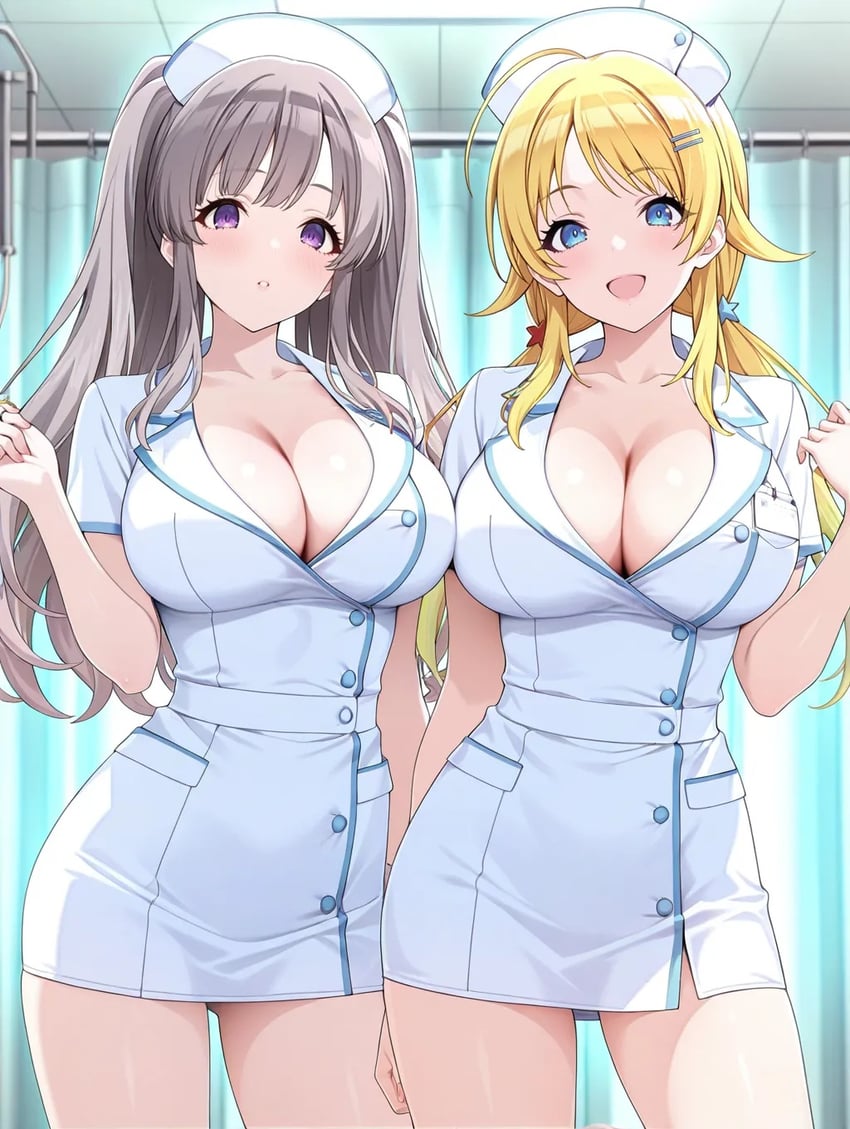 2girls, ahoge, alternate_breast_size_(larger), anonymous_(japanese), arm_at_side, blonde_hair, blue_eyes, blush