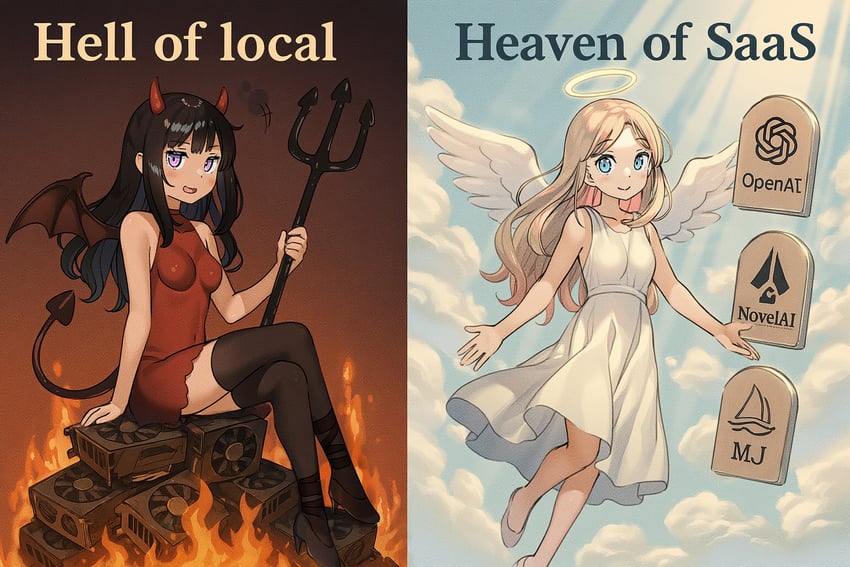 2girls, angel, angel_wings, anonymous_(russian), black_hair, black_thighhighs, blonde_hair, breasts