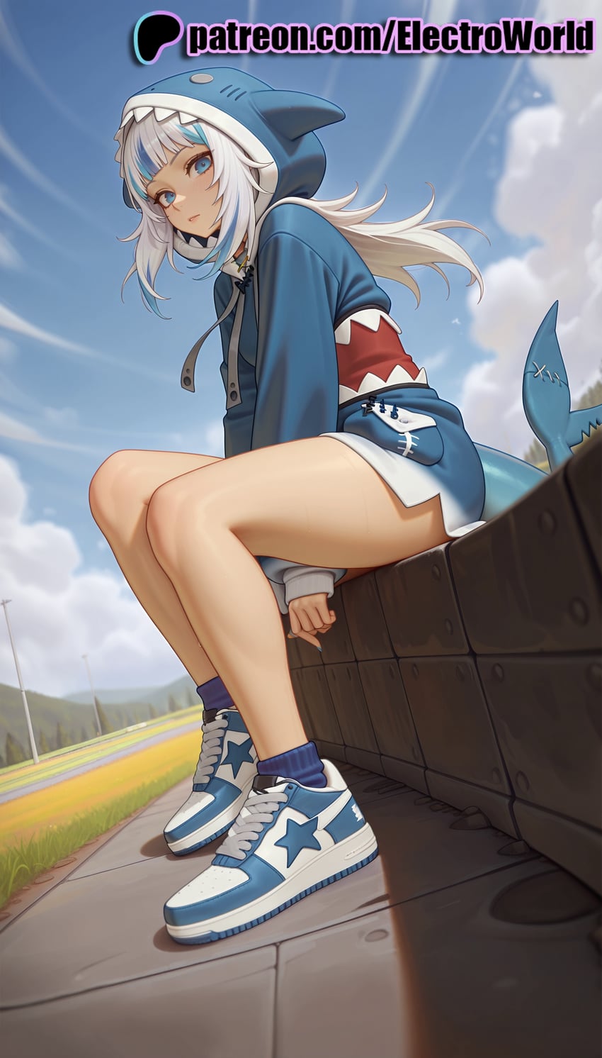 1girl, blue_eyes, blue_hair, blue_hoodie, blue_socks, blue_streaks, day, electroworld
