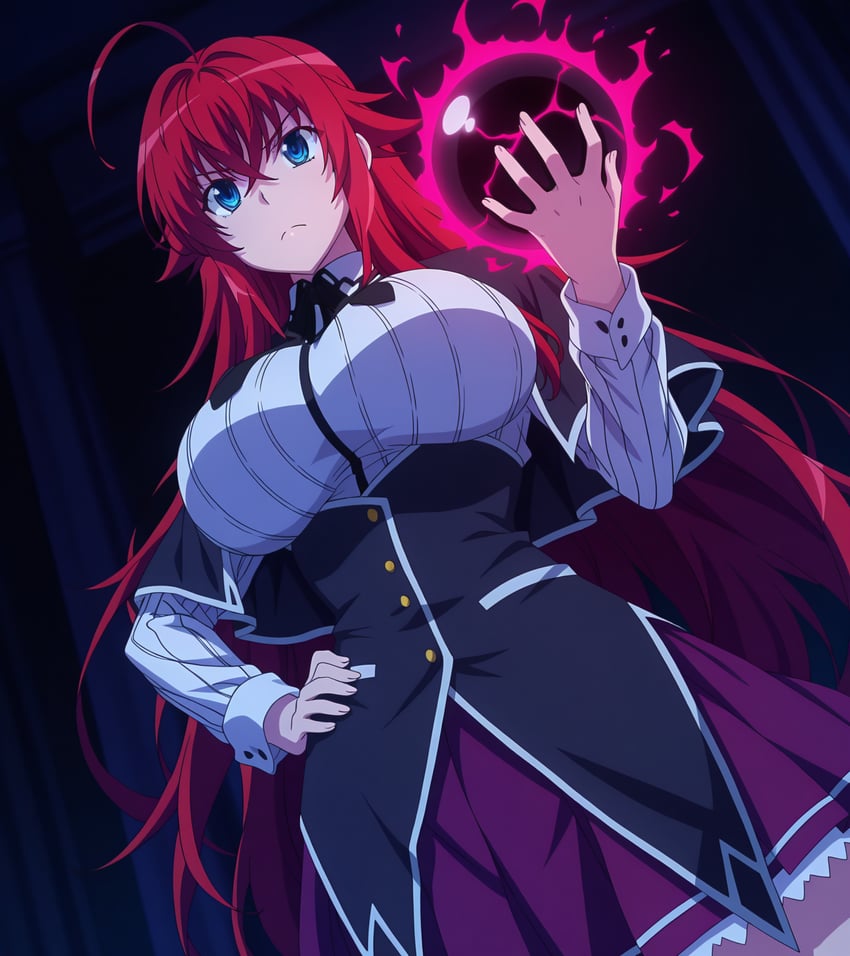 ahoge, angry, anime_screencap_style, artist_request, blue_eyes, breasts, buttons, energy, extra_finger, hand_on_own_hip, high_school_dxd, img2img, large_breasts, long_hair, long_sleeves, non-web_source, red_hair, rias_gremory, school_uniform, skirt