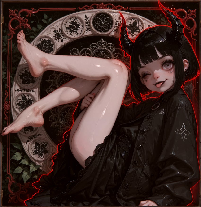 1girl, :p, ;p, absurdres, antlers_anon, antlertest_d, arm_support, bangs, bare_legs, barefoot, black_dress, black_hair, black_horns, black_nails, blunt_bangs, bob_cut, border, comfyui, demon_girl, demon_horns, dress, ear_piercing, eyelashes, facial_mark, feet, first-party_edit, from_side, full_body, grey_eyes, highres, horns, inpainted, legs, legs_up, long_sleeves, looking_at_viewer, looking_to_the_side, lora, nail_polish, non-web_source, one_eye_closed, original, outline, piercing, plantar_flexion, red_outline, resized, self-upload, short_hair, smile, solo, star_(symbol), star_facial_mark, thighs, toenails, toes, tongue, tongue_out, upscaled