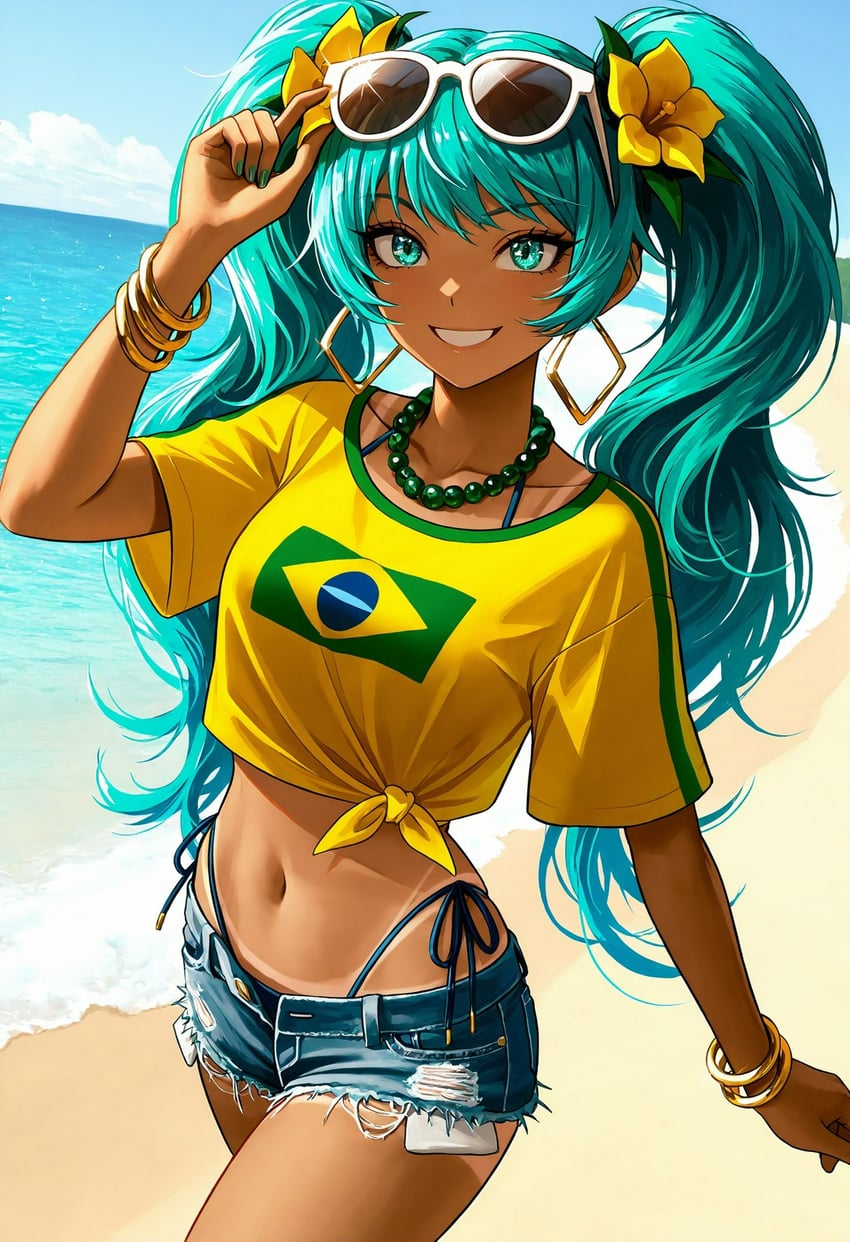 1girl, artist_request, bad_horizon, beach, brazilian_miku, commentary, cowboy_shot, day
