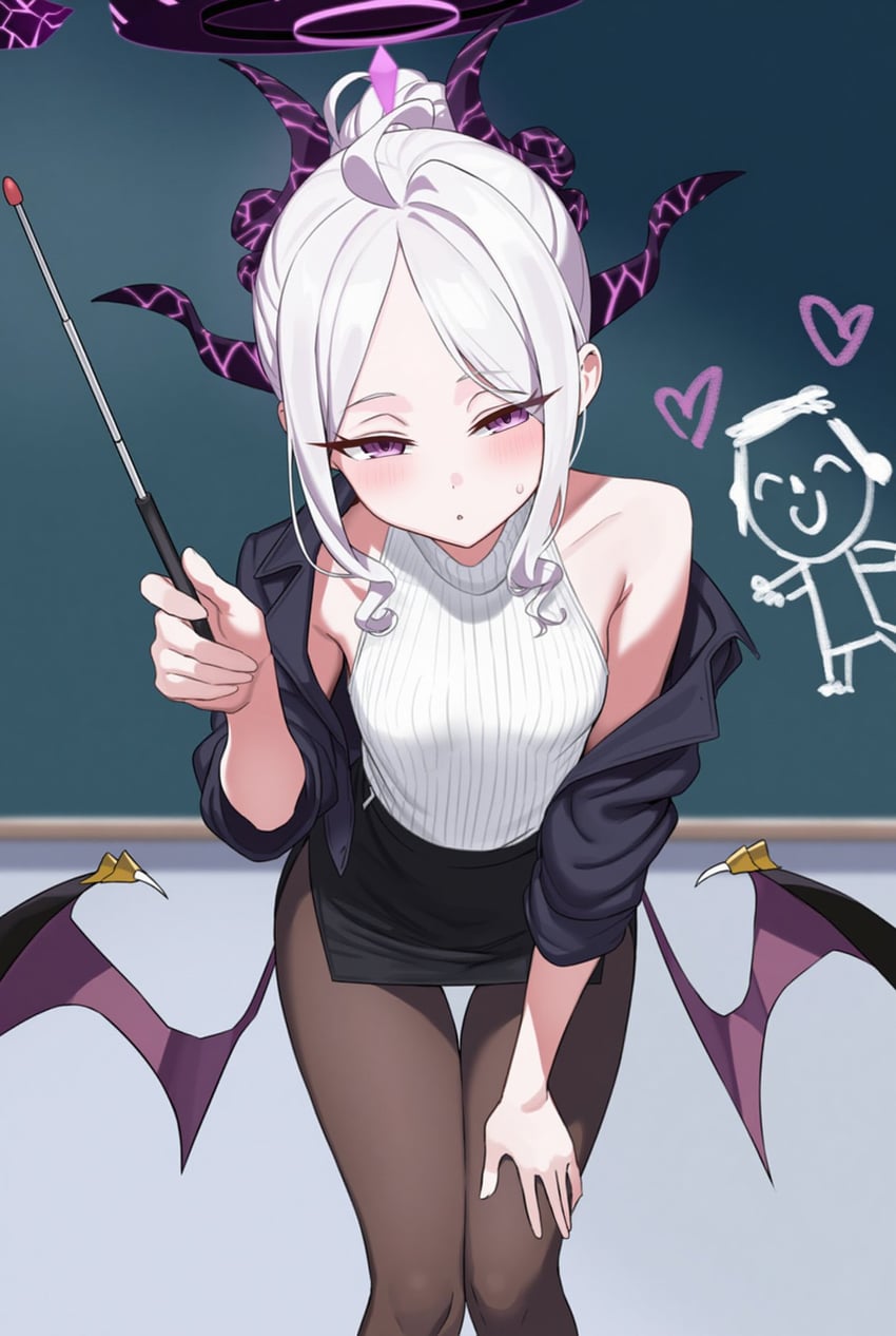 1girl, aiart_fring, alternate_costume, black_pantyhose, blue_archive, blush, breasts, chalkboard