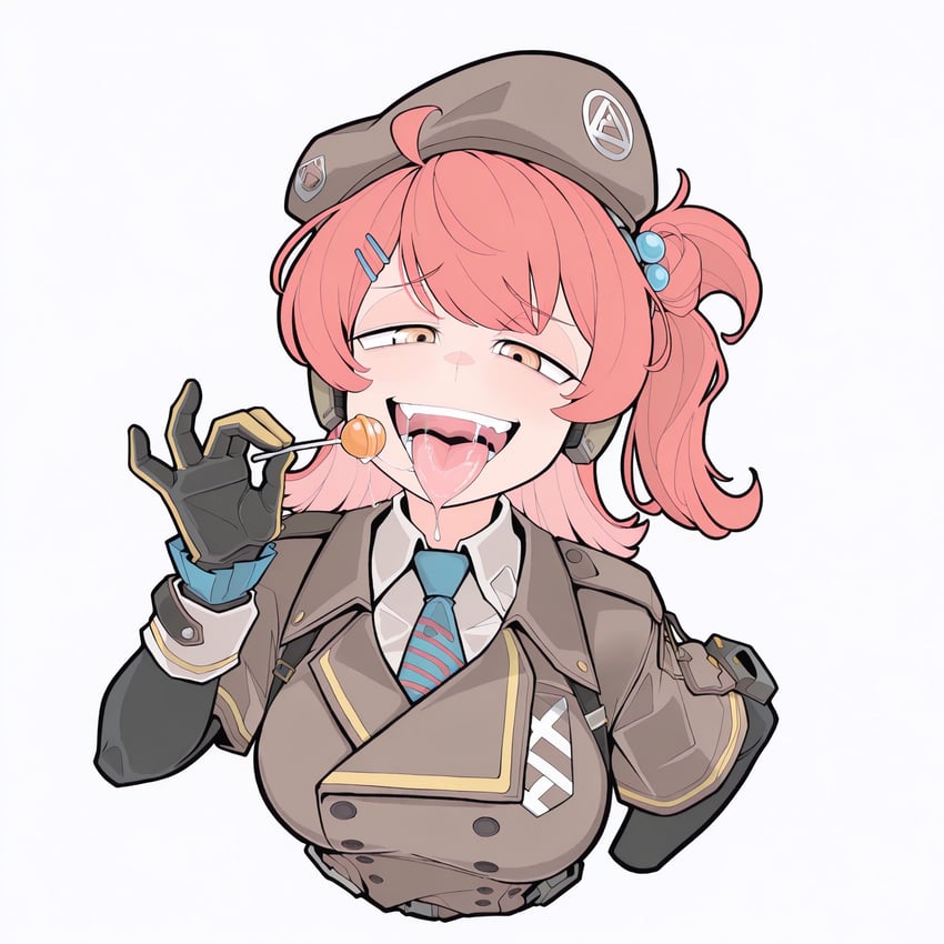 1girl, ahoge, bangs, beret, black_gloves, breasts, brown_hair, candy