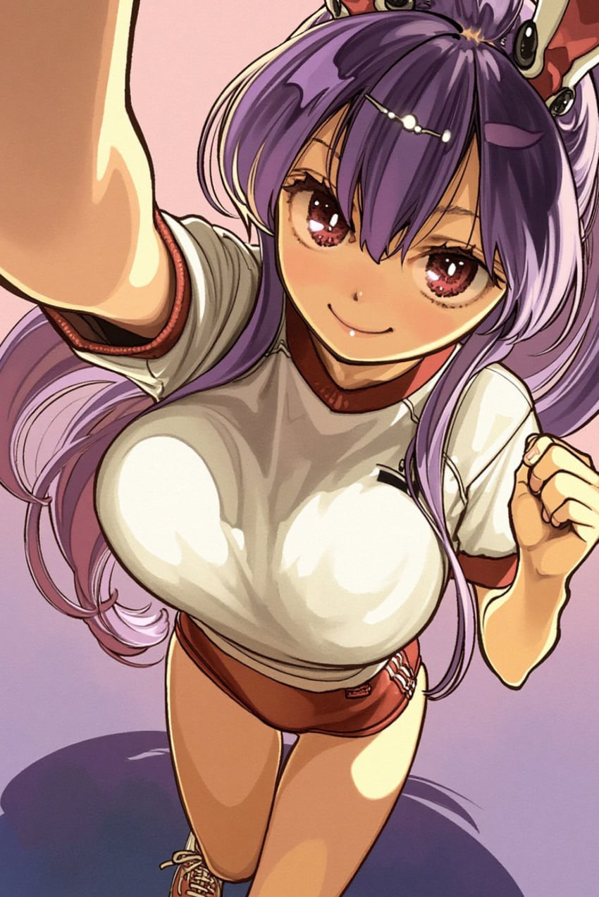 1girl, animal_ears, breasts, buruma, closed_mouth, commentary_request, gym_shirt, gym_uniform