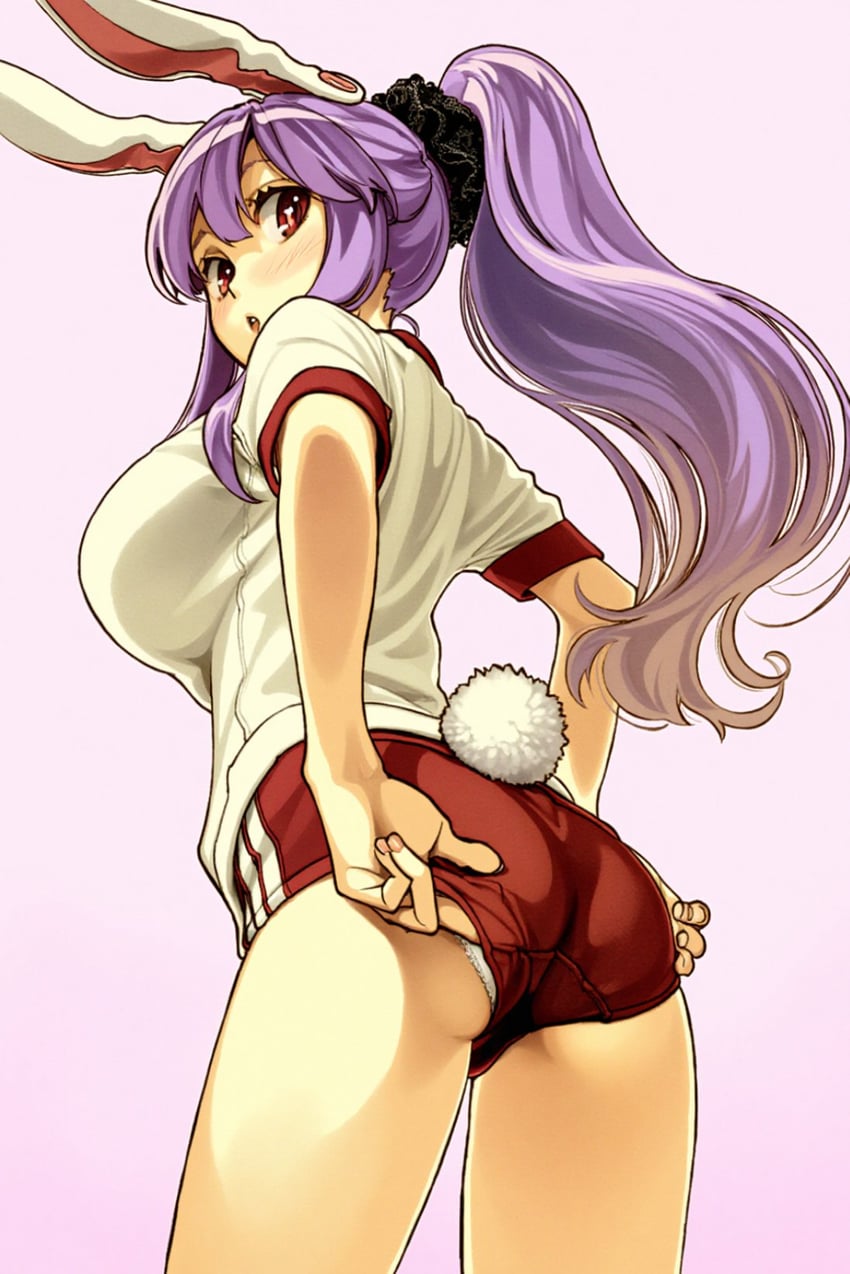 1girl, :o, adjusting_clothes, adjusting_underwear, animal_ears, ass, breasts, buruma