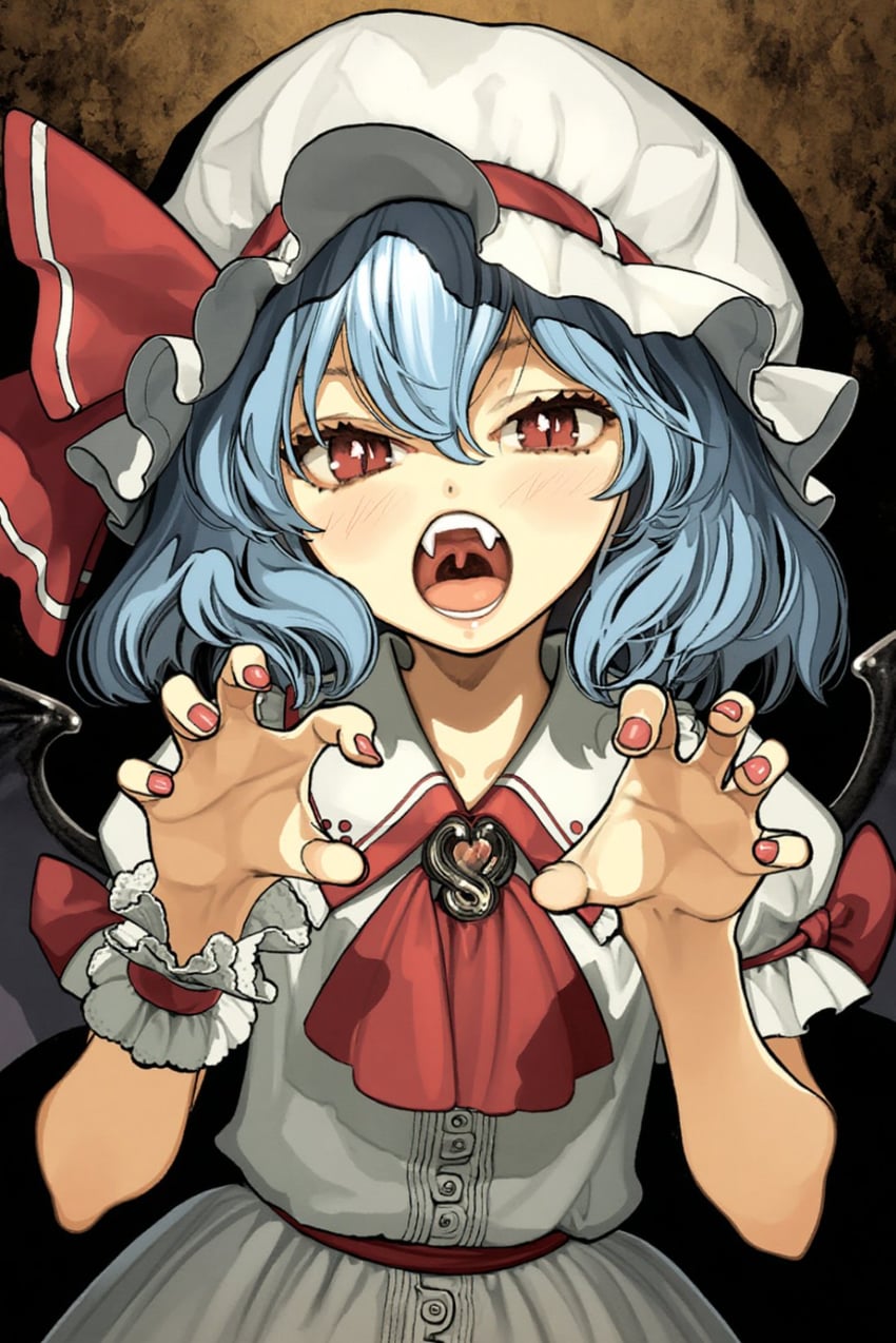 1girl, ascot, bat_wings, black_wings, blue_hair, brooch, claw_pose, collared_dress