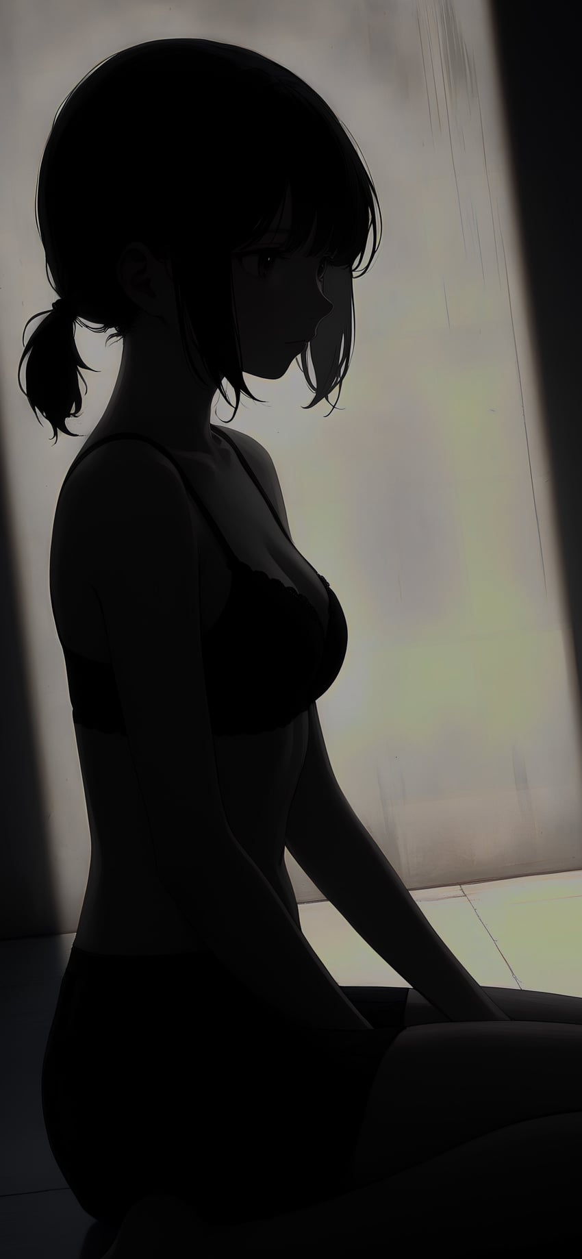1girl, absurdres, backlighting, between_legs, black_eyes, black_hair, black_shorts, breasts