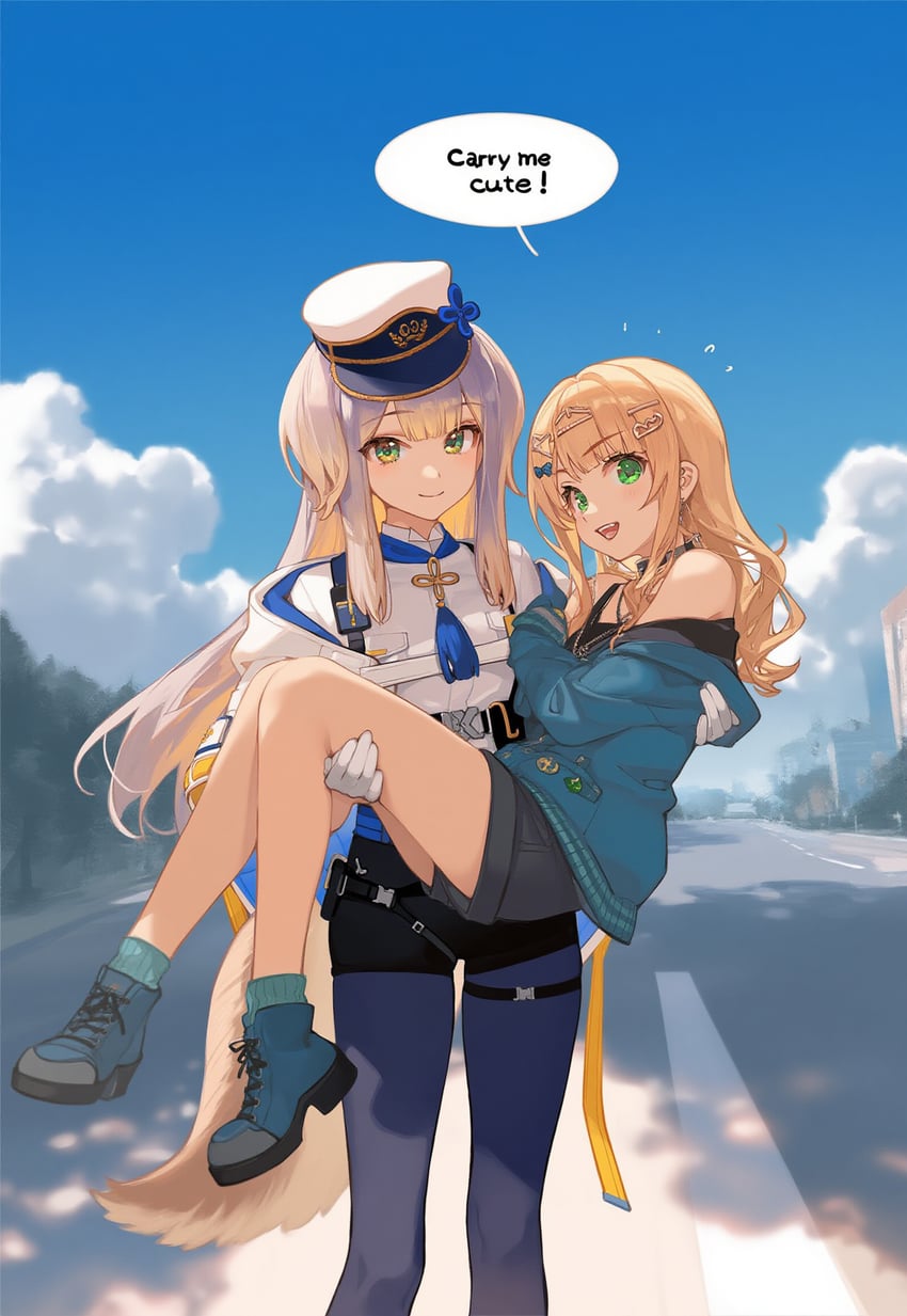 2girls, bare_shoulders, belt, blonde_hair, blue_jacket, blue_sky, blue_socks, carrying