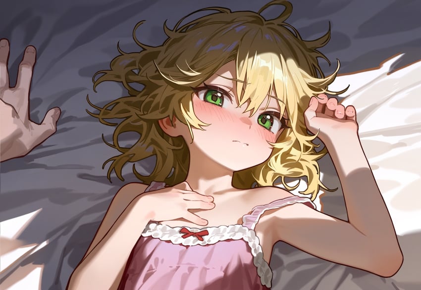 1boy, 1girl, armpits, bakkami, bed, blonde_hair, blush, camisole