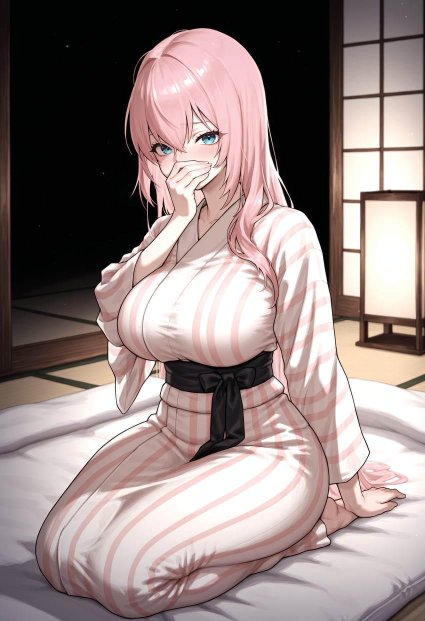 1girl, absurdres, arm_support, bajac, black_sash, blue_eyes, blush, breasts, covering_mouth, embarrassed, full_body, futon, hand_up, highres, huge_breasts, incredibly_absurdres, indoors, japanese_clothes, kimono, lantern, long_hair, lora, megurine_luka, non-web_source, pink_hair, pink_stripes, sash, seiza, self-upload, shouji, sitting, sliding_doors, solo, striped, striped_kimono, tatami, vertical_stripes, vocaloid, wai-illustrious-sdxl, white_kimono