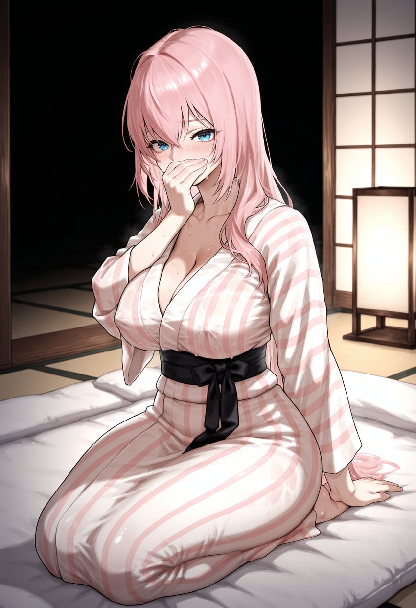 1girl, absurdres, arm_support, bajac, black_sash, blue_eyes, blush, breasts, cleavage, collarbone, covered_nipples, covering_face, covering_mouth, embarrassed, futon, hand_up, highres, incredibly_absurdres, japanese_clothes, kimono, lantern, long_hair, lora, megurine_luka, non-web_source, open_collar, pink_hair, pink_stripes, sash, seiza, self-upload, shouji, sitting, sliding_doors, solo, striped, striped_kimono, sweat, tatami, vertical_stripes, vocaloid, wai-illustrious-sdxl, white_kimono