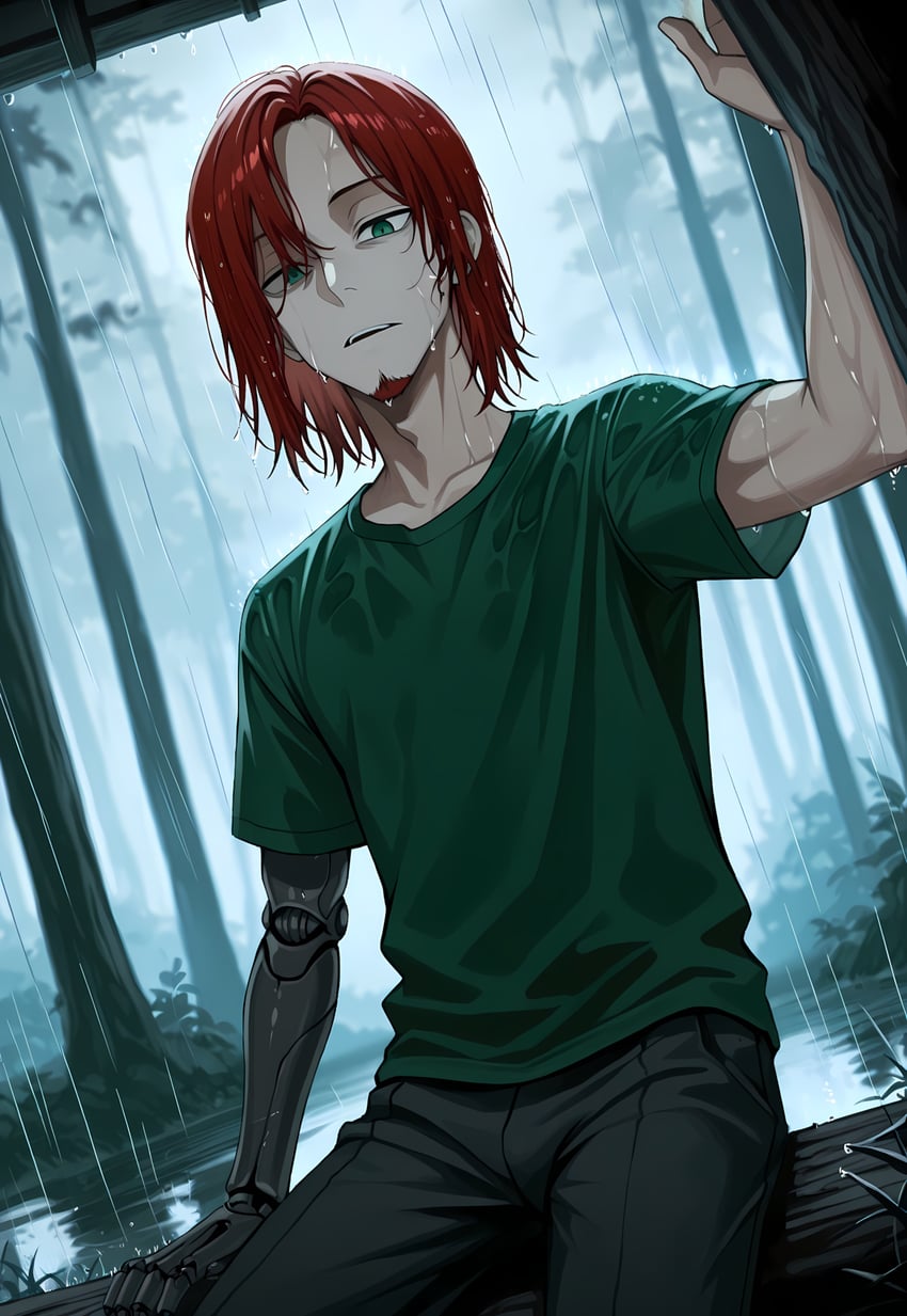 1boy, black_pants, facial_hair, forest, from_below, goatee, green_eyes, green_shirt, highres, in_tree, kenneth_del_duca, laliberte, leaning, looking_at_viewer, mechanical_arms, medium_hair, nature, non-web_source, original, outdoors, pants, prosthesis, prosthetic_arm, rain, red_hair, shirt, single_mechanical_arm, sitting, sitting_in_tree, slit_pupils, solo, t-shirt, tree, upper_body, wai-illustrious-sdxl, water, wet, wet_clothes, wet_shirt