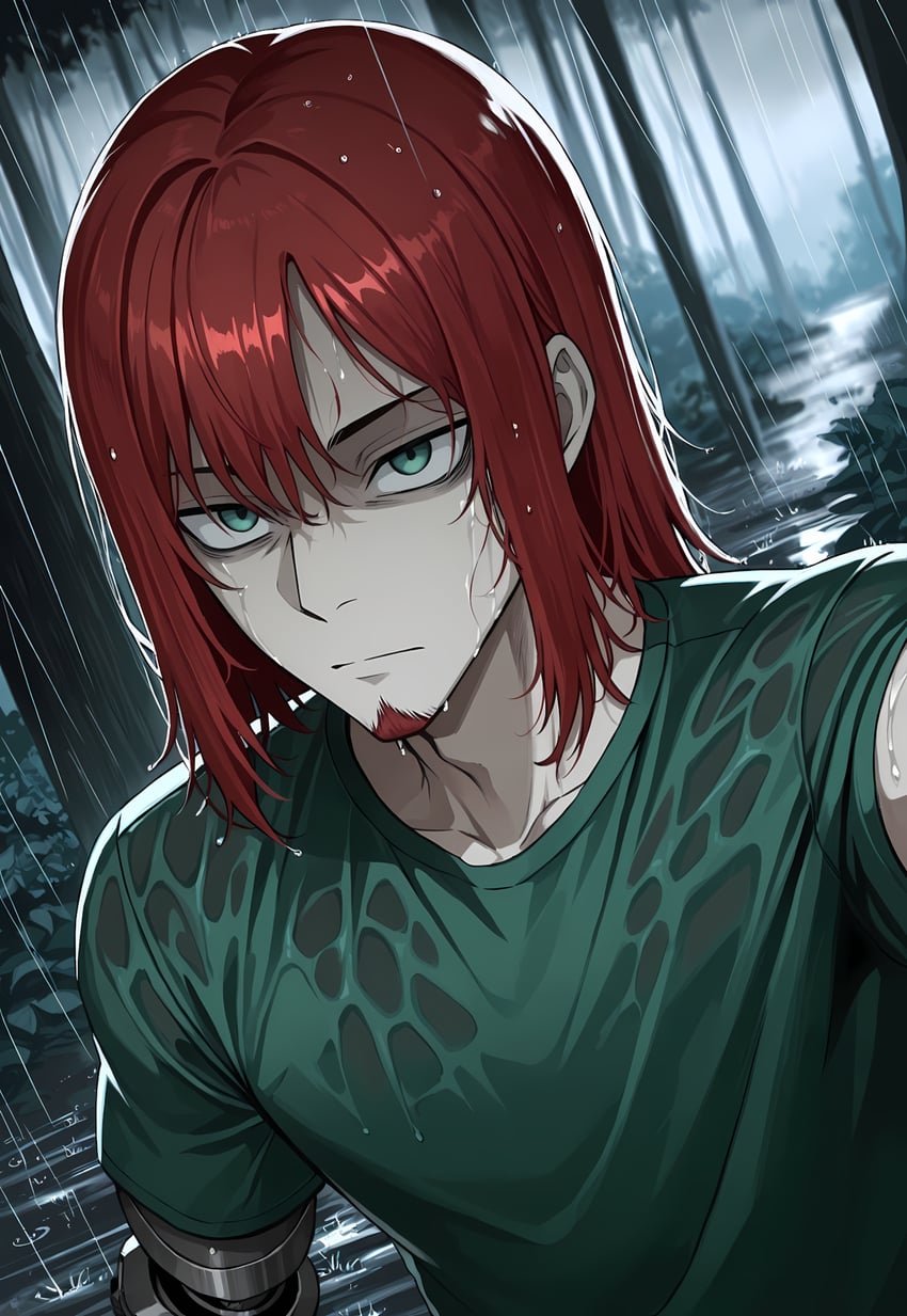 1boy, close-up, collarbone, facial_hair, forest, from_above, goatee, green_eyes, green_shirt, highres, in_tree, kenneth_del_duca, laliberte, leaning, looking_away, mechanical_arms, medium_hair, nature, non-web_source, original, outdoors, prosthesis, prosthetic_arm, rain, red_hair, shirt, single_mechanical_arm, sitting, sitting_in_tree, slit_pupils, solo, t-shirt, tree, upper_body, wai-illustrious-sdxl, water, wet, wet_clothes, wet_shirt