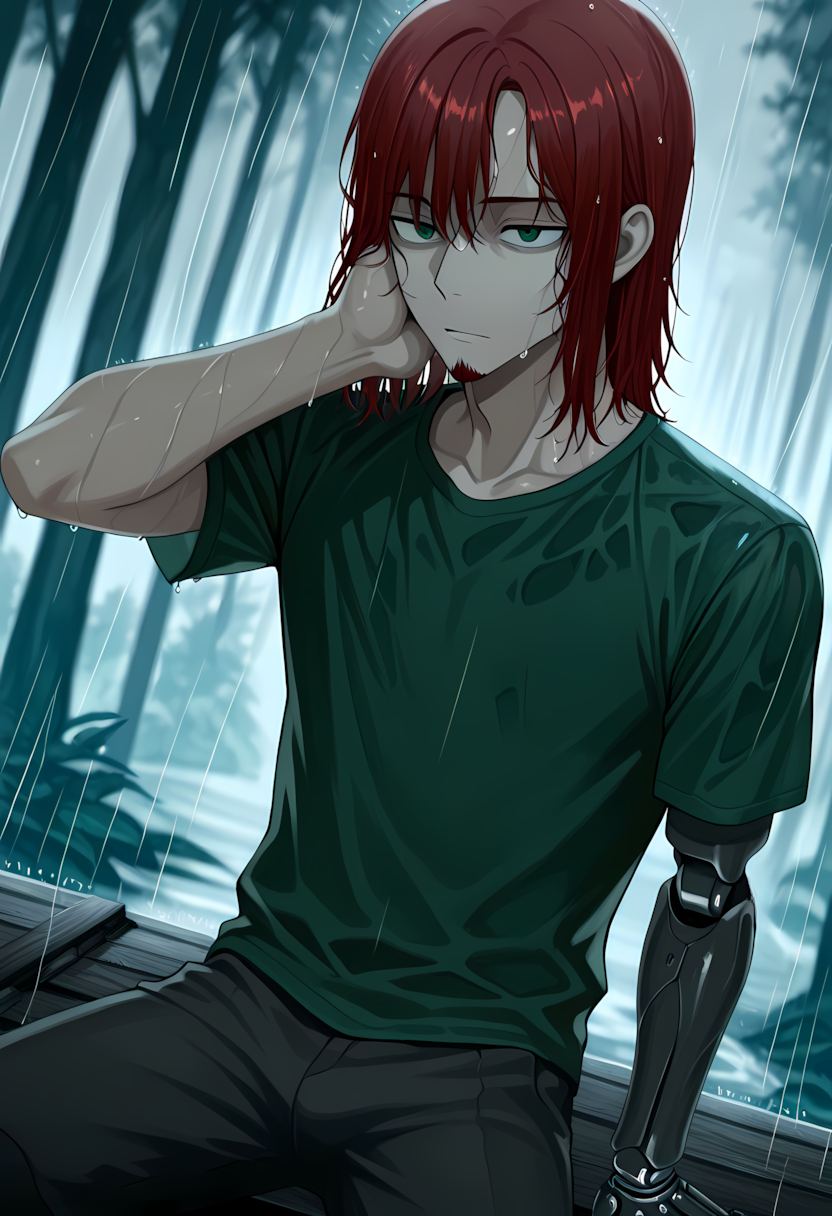 1boy, black_pants, facial_hair, forest, goatee, green_eyes, green_shirt, hand_on_own_cheek, hand_on_own_face, in_tree, kenneth_del_duca, laliberte, leaning, looking_afar, mechanical_arms, medium_hair, nature, non-web_source, original, outdoors, pants, prosthesis, prosthetic_arm, rain, red_hair, shirt, single_mechanical_arm, sitting, sitting_in_tree, slit_pupils, solo, t-shirt, tree, upper_body, wai-illustrious-sdxl, water, wet, wet_clothes, wet_shirt