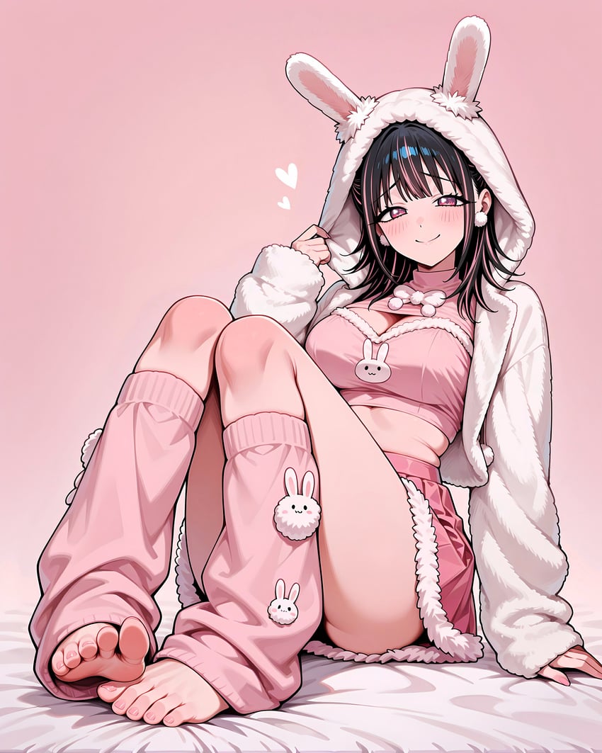 1girl, absurdres, animal_ears, animal_hood, bangs, barefoot, bed, bed_sheet
