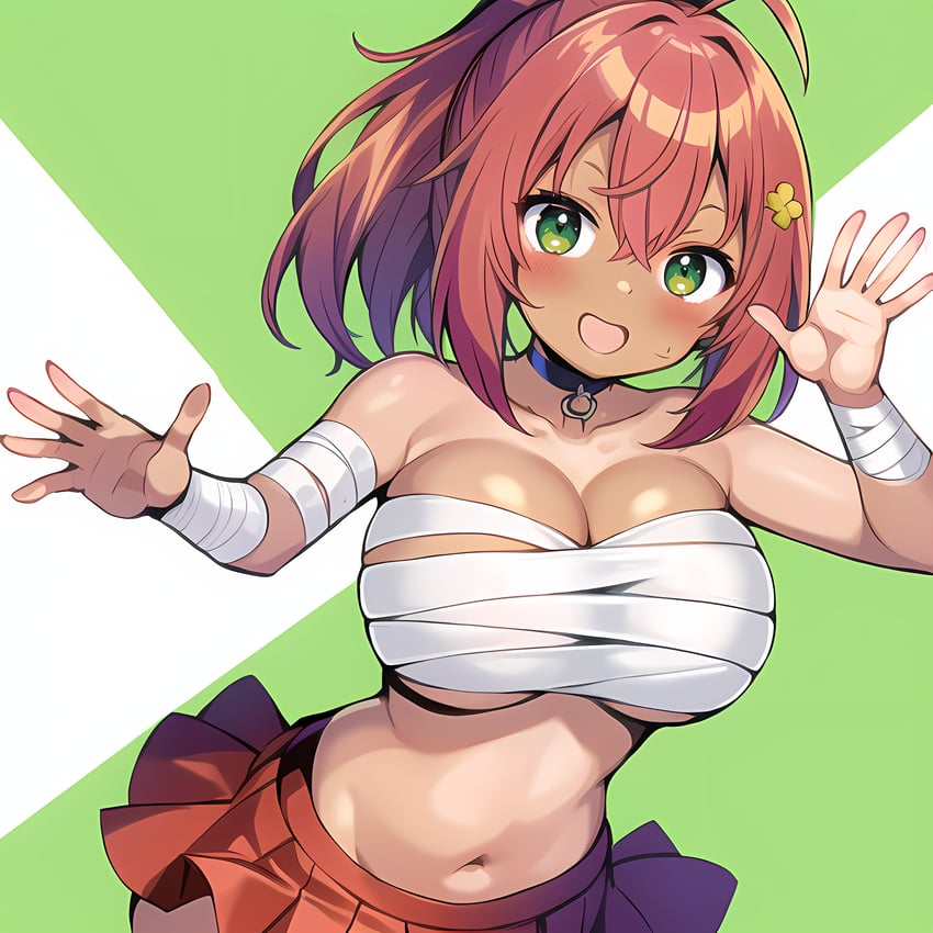 1girl, anything_(model), arm_wrap, bare_shoulders, breasts, cleavage, collarbone, dark-skinned_female, dark_skin, green_eyes, highres, j_tan, large_breasts, looking_at_viewer, nanako_(violated_heroine), navel, no_shirt, non-web_source, red_hair, sarashi, self-upload, skirt, solo, violated_heroine, waving